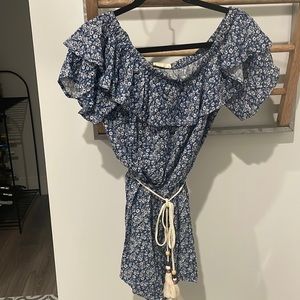Sun dress blue white flowers size small brand cotton Bleu